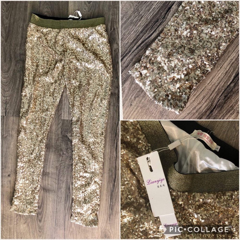 Gold sequin leggings size Large